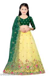 Kids dupion silk lehenga with net duppatta and embroidered stitch, semi-stitched net fabric embellishment for 8-12 year olds